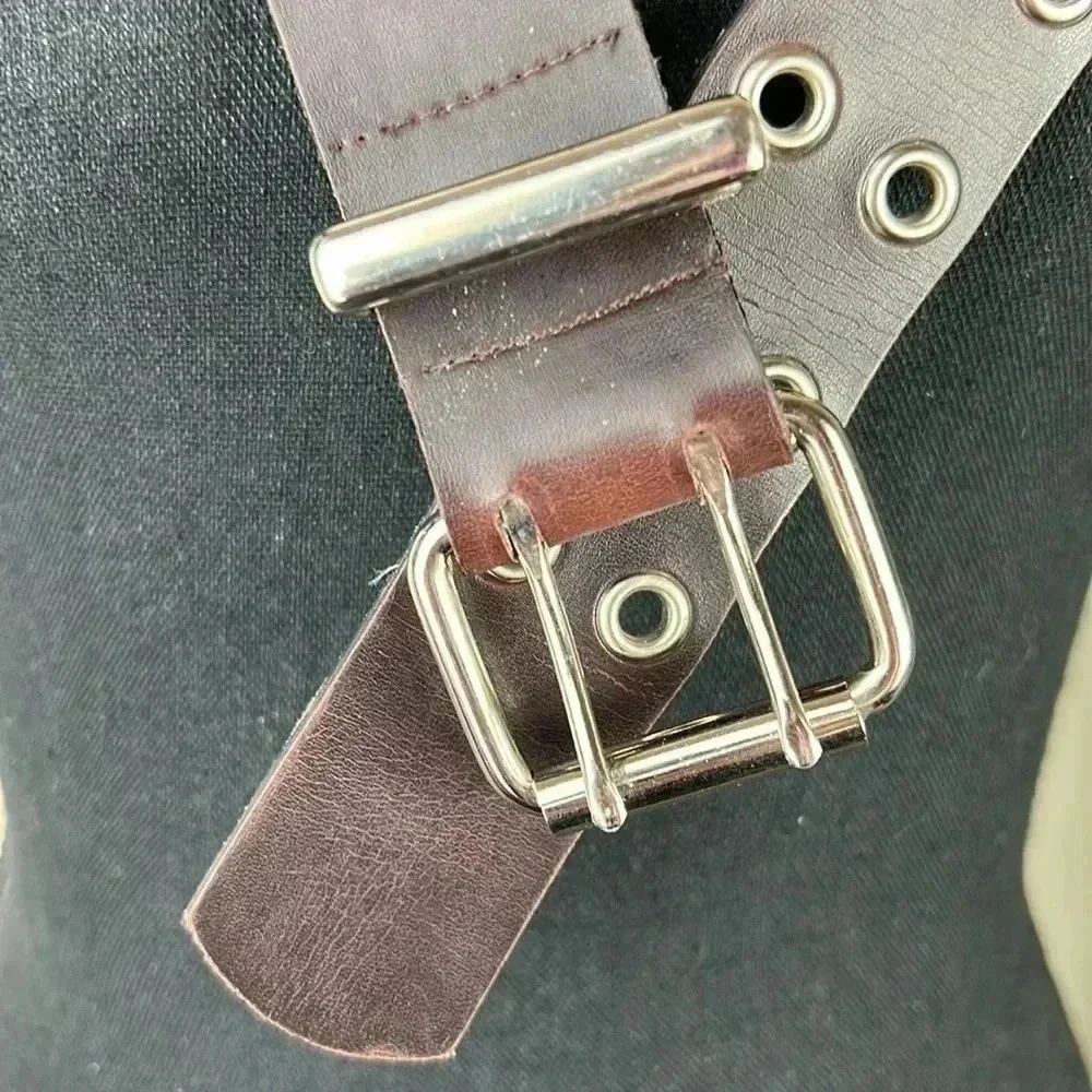 Brown Vegan Leather Double Silver Tone Grommet and Buckle Belt Large